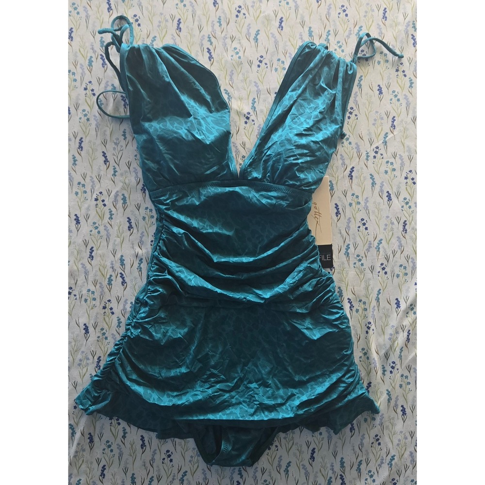Profile by Gottex Teal Leopard Print One Piece Swimdress Swimsuit NWT Size 6